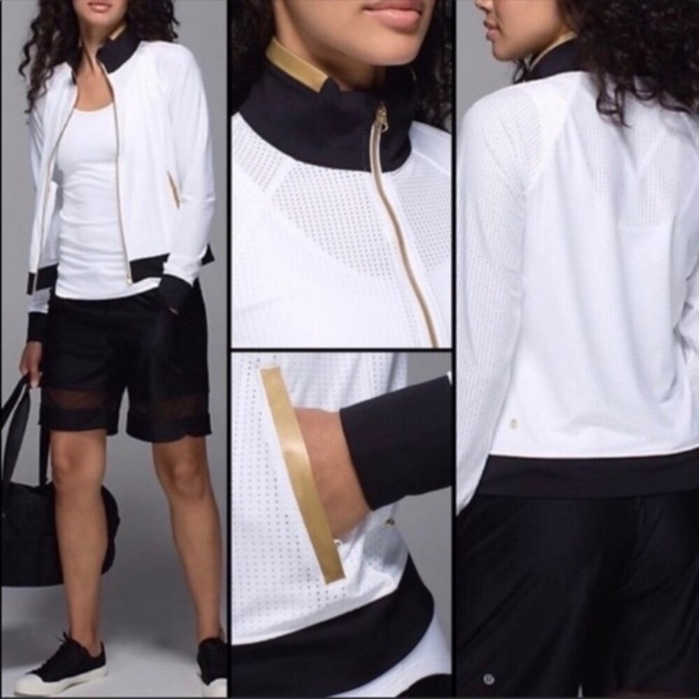LULULEMON Sweaty or Not Jacket Womens 10 White Black Gold‎ Zip Perforated Top